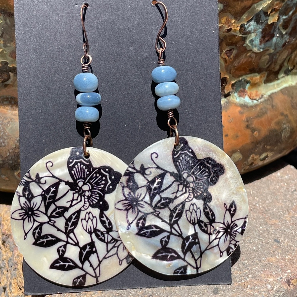 Blue Opal And Butterfly Seashell Copper Dangling Earrings - Picture 2 of 9